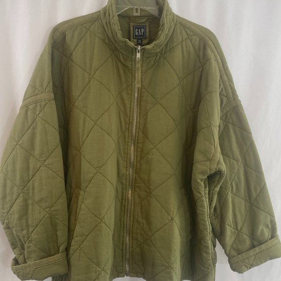 SOLD GAP Khaki Green Cotton Diamond Quilted Long Sleeve Full Zip Jacket - Picture 9 of 13